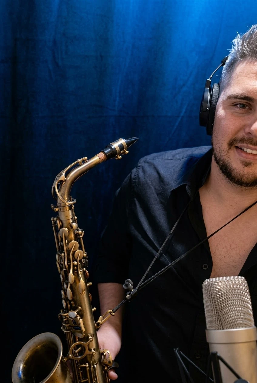 Jorge Machuca en el estudio con su saxofón, audífonos y micrófono