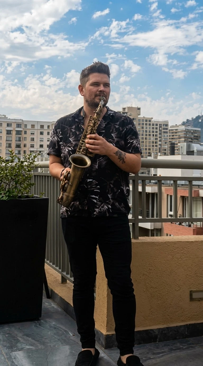 Jorgito Sax interpretando el saxofón al aire libre en Chile