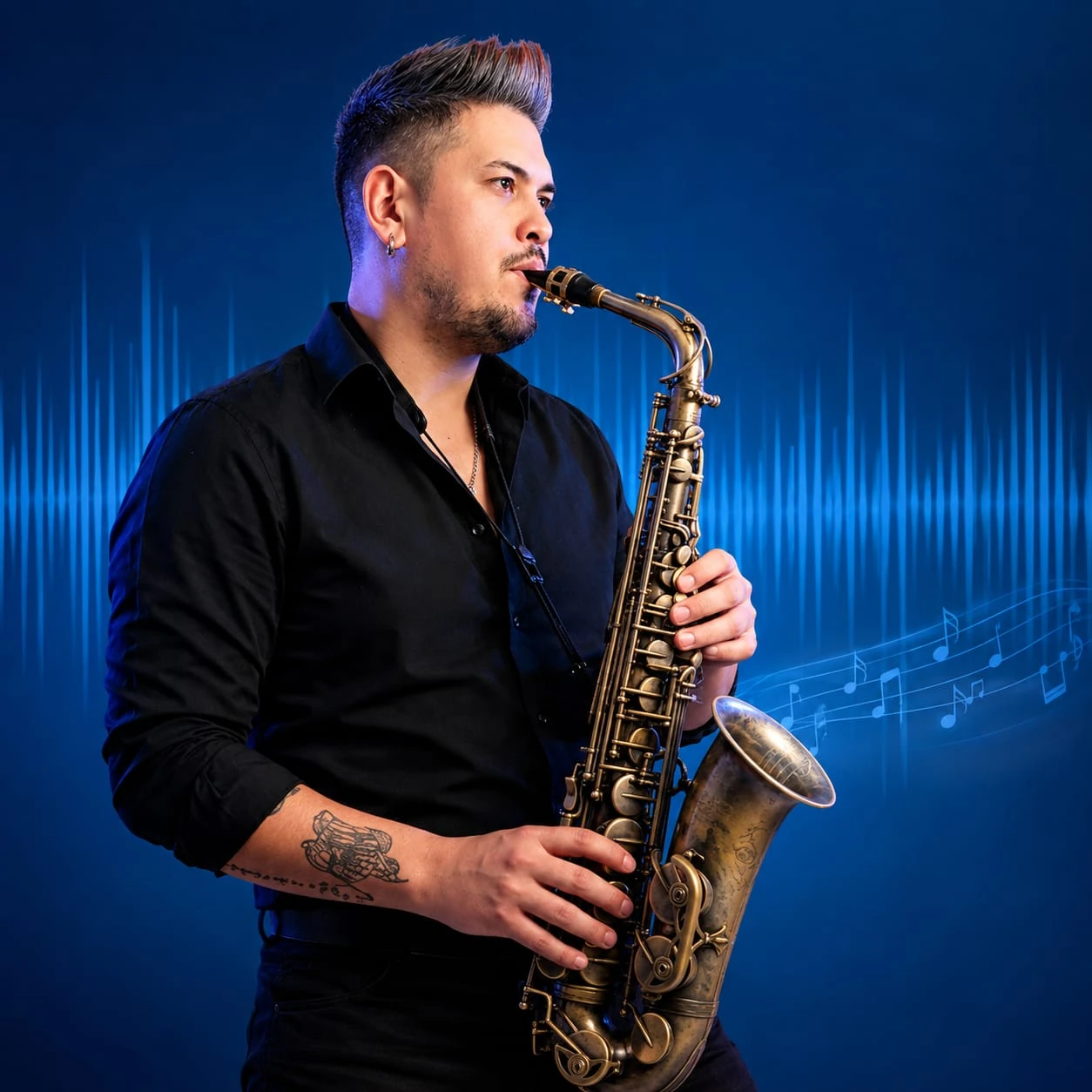 Jorgito Sax tocando el saxofón sobre un fondo azul con ondas y notas musicales